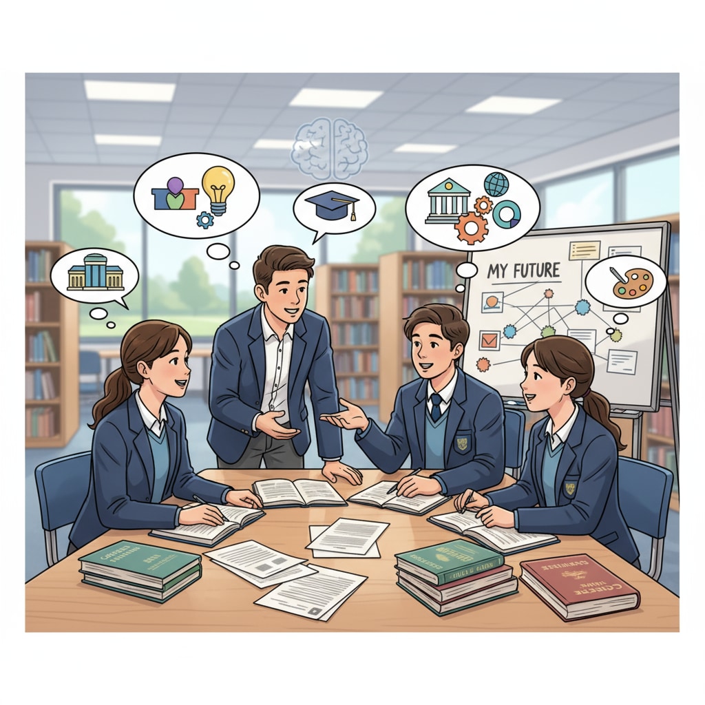A group of high school students are sitting around a table, engaged in a lively discussion about their future plans, with books and papers spread out in front of them. High school students discussing university education, academic planning, and career development
