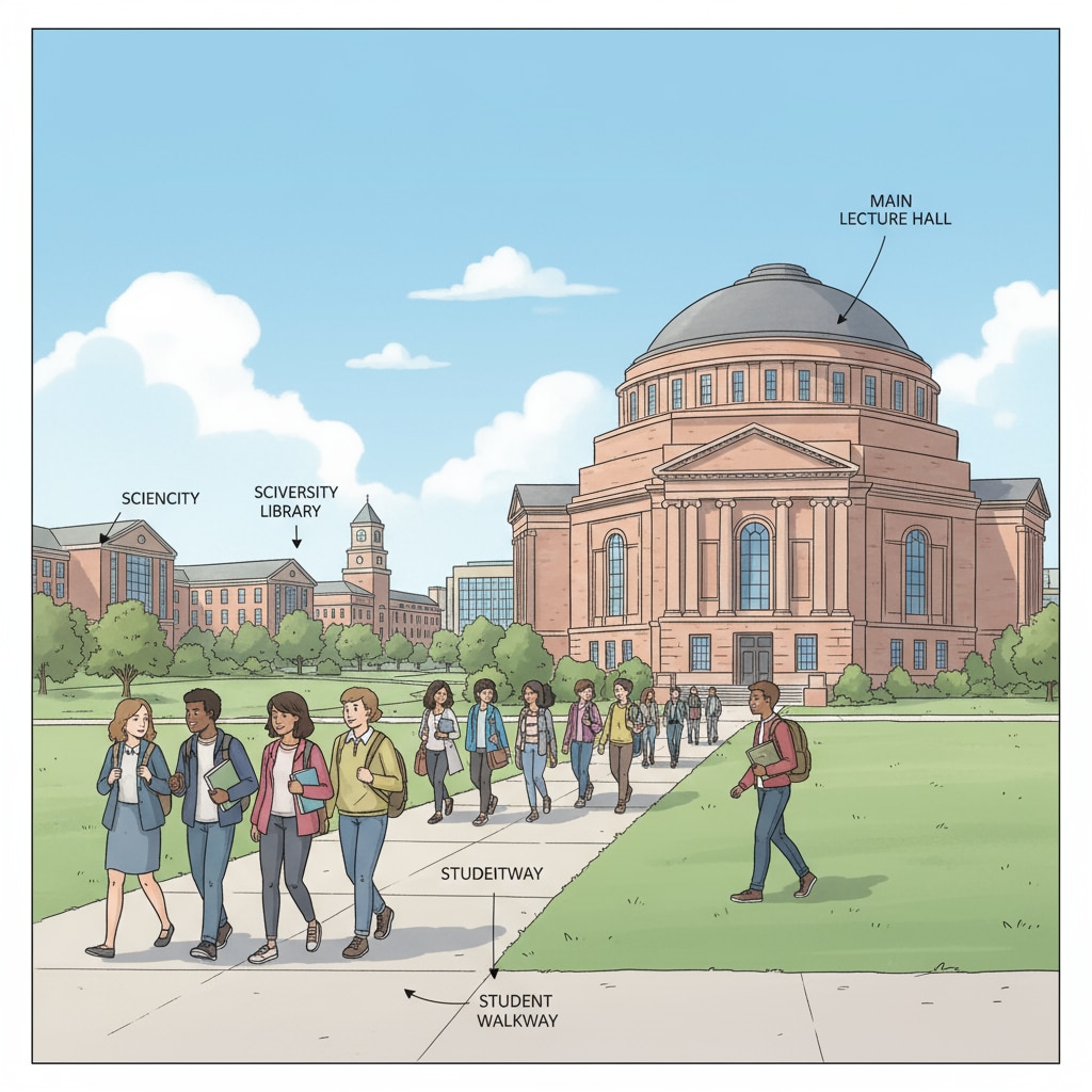 A campus scene shows students walking towards a large lecture hall, with green lawns and academic buildings in the background. University students on campus related to university education, academic planning, and career development