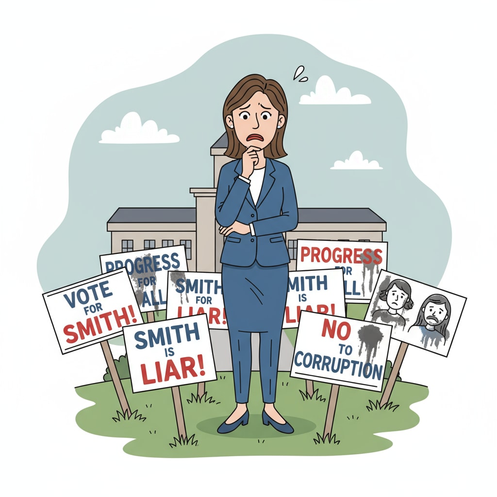 A candidate is standing near campaign signs, with a worried expression on their face, as if concerned about the negative campaign atmosphere. A candidate near campaign signs showing concern in a school board election related to political civility and campaign conflicts
