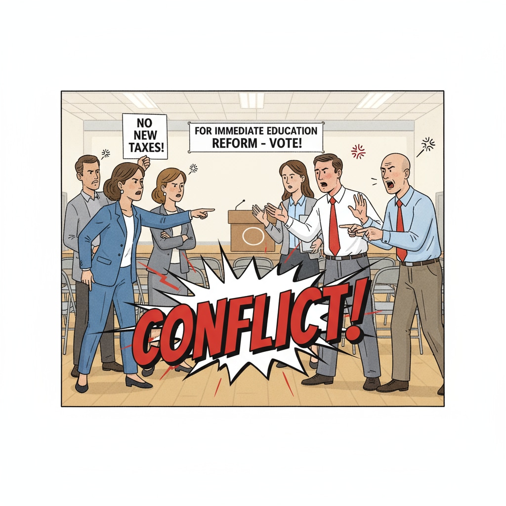 A group of people are engaged in a heated argument during a school board campaign event, highlighting the campaign conflict. People arguing during a school board campaign event related to political civility and campaign conflicts