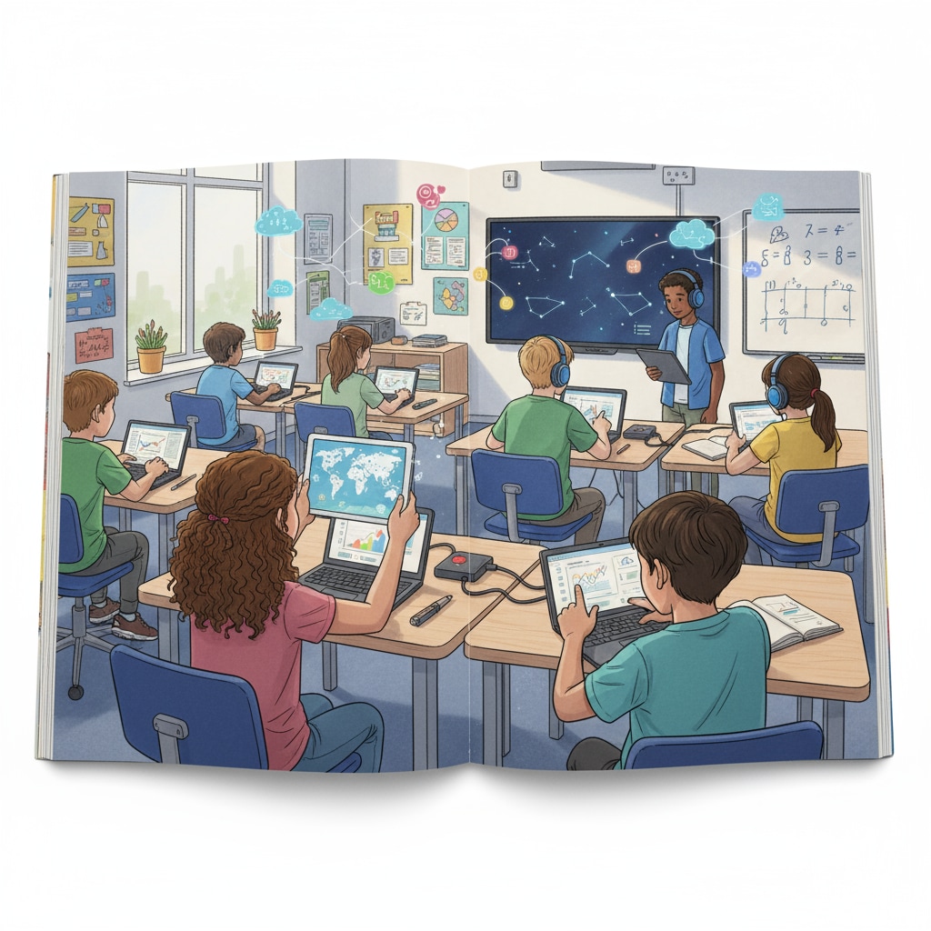 A group of K12 students are using digital devices in a classroom, showing the common scenario of students being exposed to the digital world. K12 students in a digital classroom affected by attention economy, information deserts, and tech manipulation