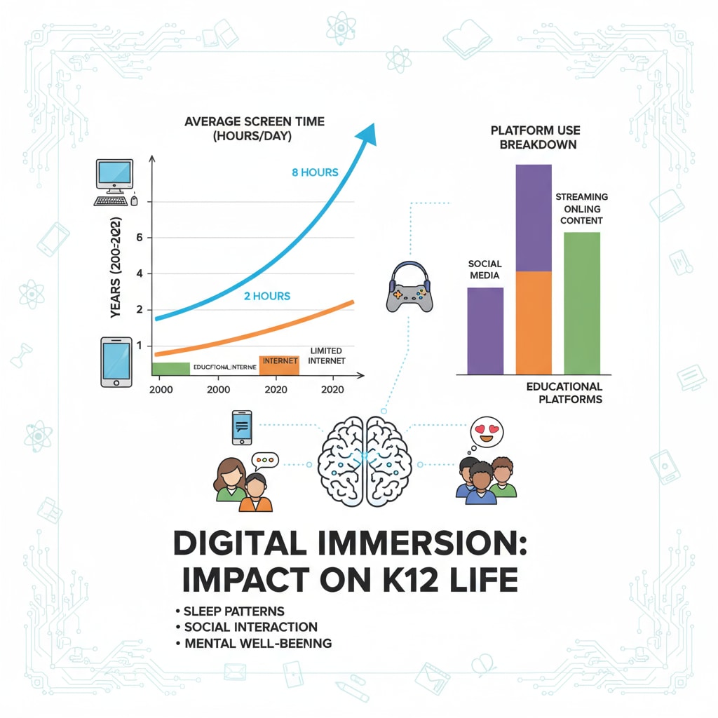 A graph presents the increasing time K12 students spend on digital platforms, highlighting the impact of the digital environment on their daily lives. Graph showing the time spent by K12 students on digital platforms related to attention economy, information deserts, and tech manipulation