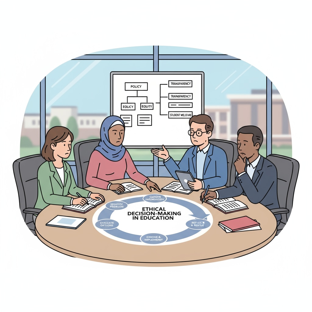 A group of educational managers engaged in a serious discussion in a meeting room, signifying the process of grappling with ethical issues in educational management. Educational managers discussing ethical dilemmas and making leadership decisions