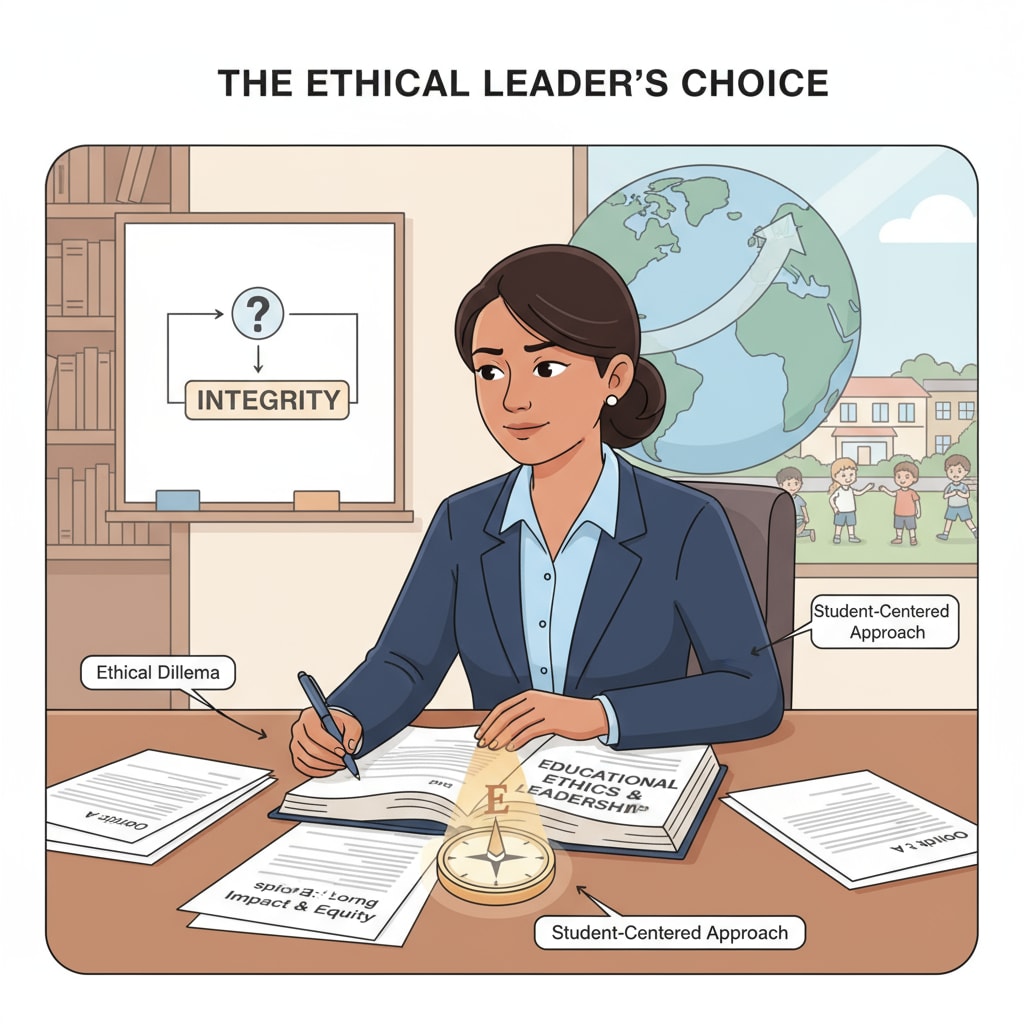 An educational leader sitting at a desk, looking thoughtful while making a difficult decision, emphasizing the role of ethical leadership in educational management. Educational leader making an ethical leadership decision