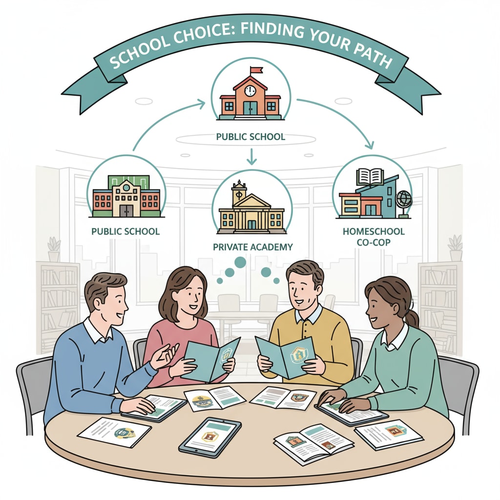 A group of parents engaged in a discussion about different school options available for their children, highlighting the concept of school choice. Parents discussing school choice options in the context of education policy and political controversy.