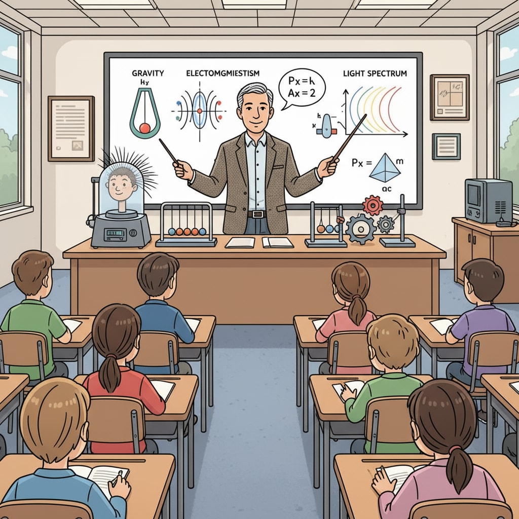 A physics teacher is in the classroom, using teaching aids to explain physical concepts to students. The students are listening attentively. A physics teacher engaged in classroom teaching while pursuing postgraduate studies