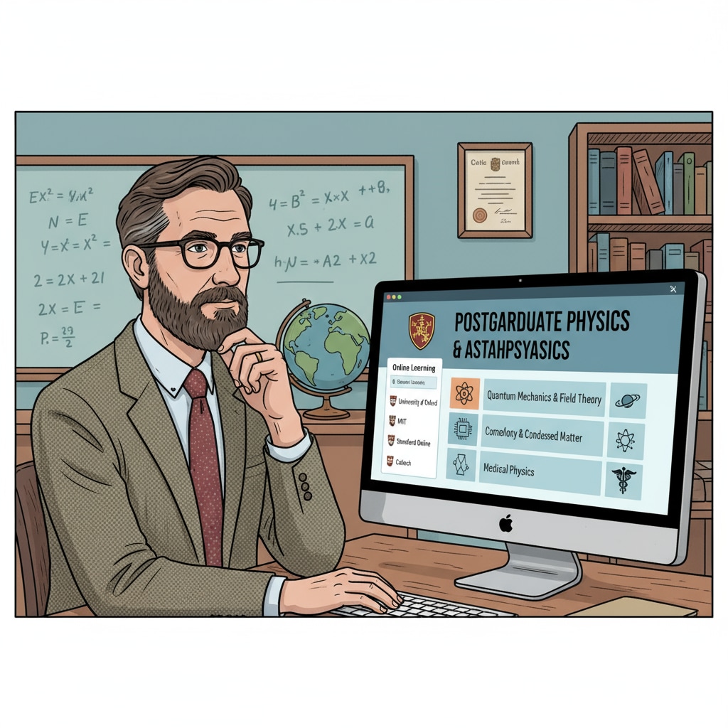 A physics teacher is sitting at a desk in front of a computer, looking at various online postgraduate course options on the screen. A physics teacher exploring online postgraduate learning resources