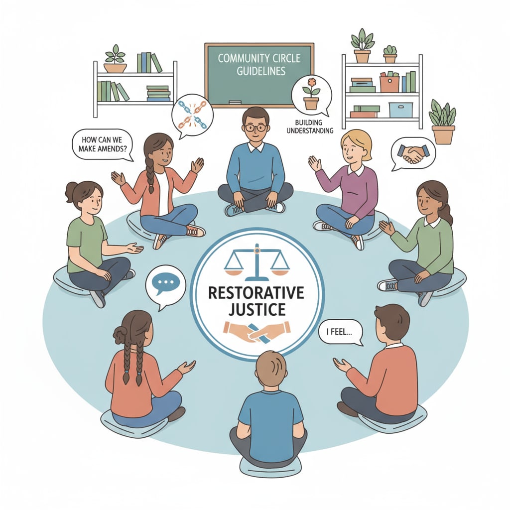 A group of students and teachers sitting in a circle, engaged in a discussion about restorative justice. The students are actively participating, sharing their thoughts and feelings. Students and teachers discussing restorative justice in a K12 school