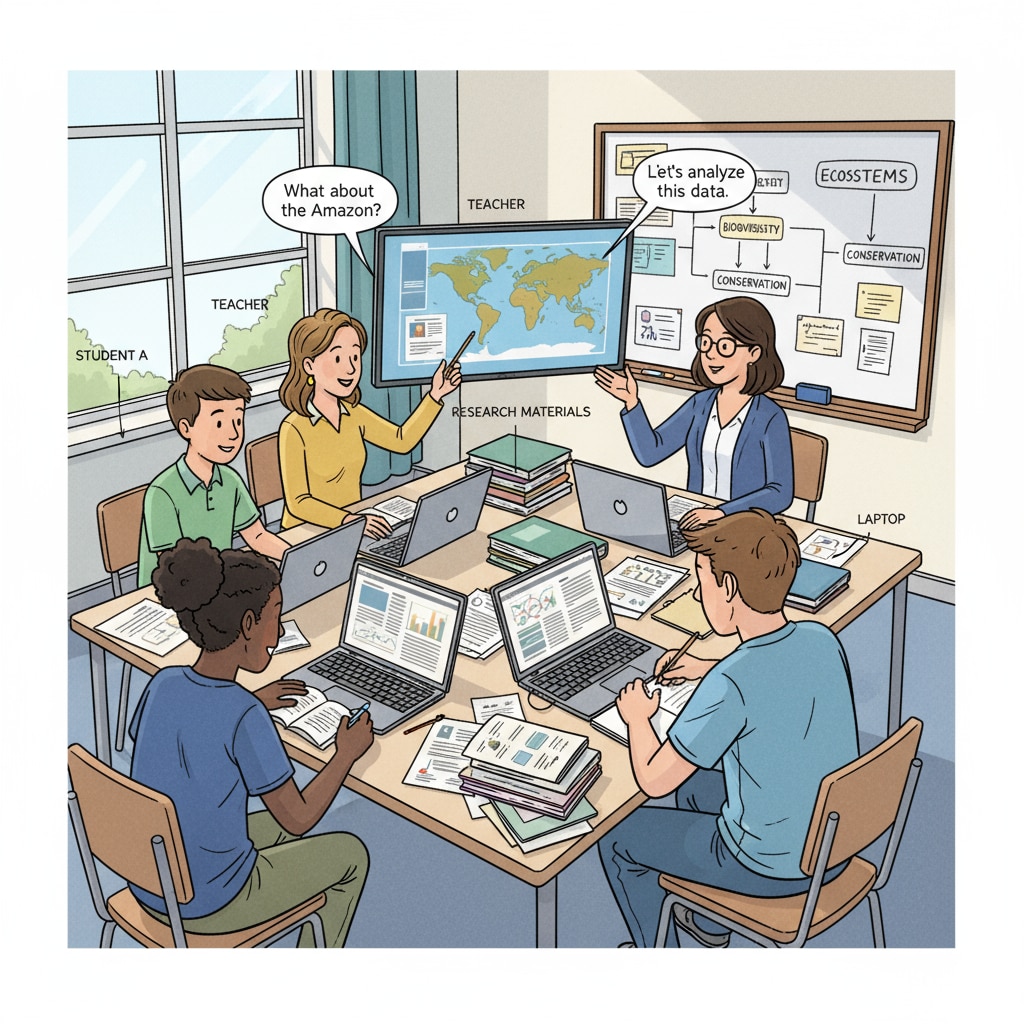 A group of students and a teacher are working together on a research project in a classroom setting. There are books, papers, and laptops on the desks, indicating an active learning environment. Research project in a K12 classroom related to education, research, evaluation, and social inequality