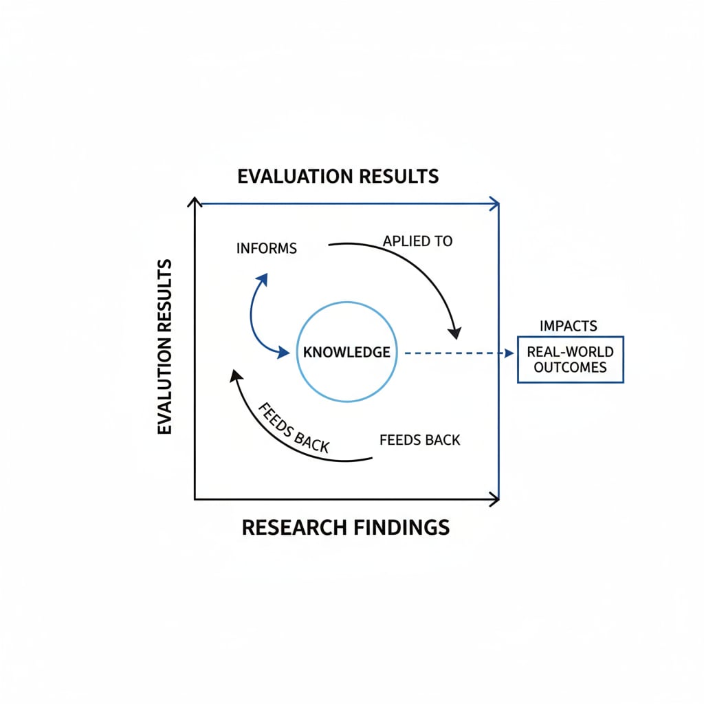 A graph with two axes. One axis represents research findings and the other represents evaluation results. Lines and arrows show the relationship and interaction between the two. Graph depicting the relationship between research and evaluation in the context of K12 education, social inequality