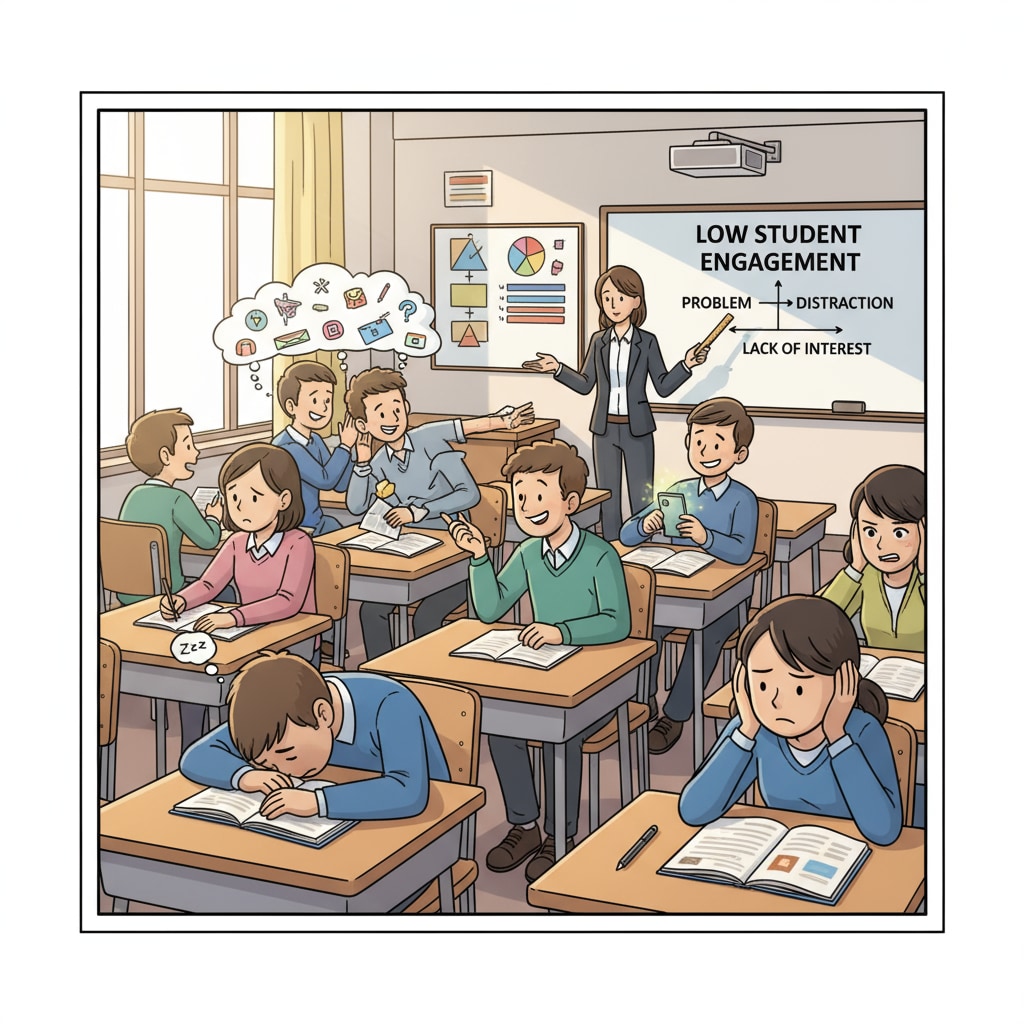A classroom scene where students are sitting at desks. Some students seem disinterested, with their heads down or looking around the room, which is relevant to the problem of students' low engagement in a class affected by problem students. Classroom scene showing low student engagement due to problem students affecting educational quality and class placement