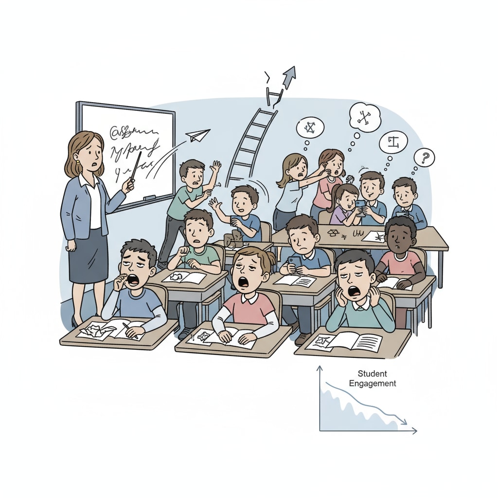 A group of students in a classroom. Some students are yawning or looking bored, while others are causing minor disruptions, indicating the negative impact on the learning environment for all students related to educational quality, class placement, and student engagement. Group of students in a classroom showing signs of boredom and distraction related to educational quality and class placement