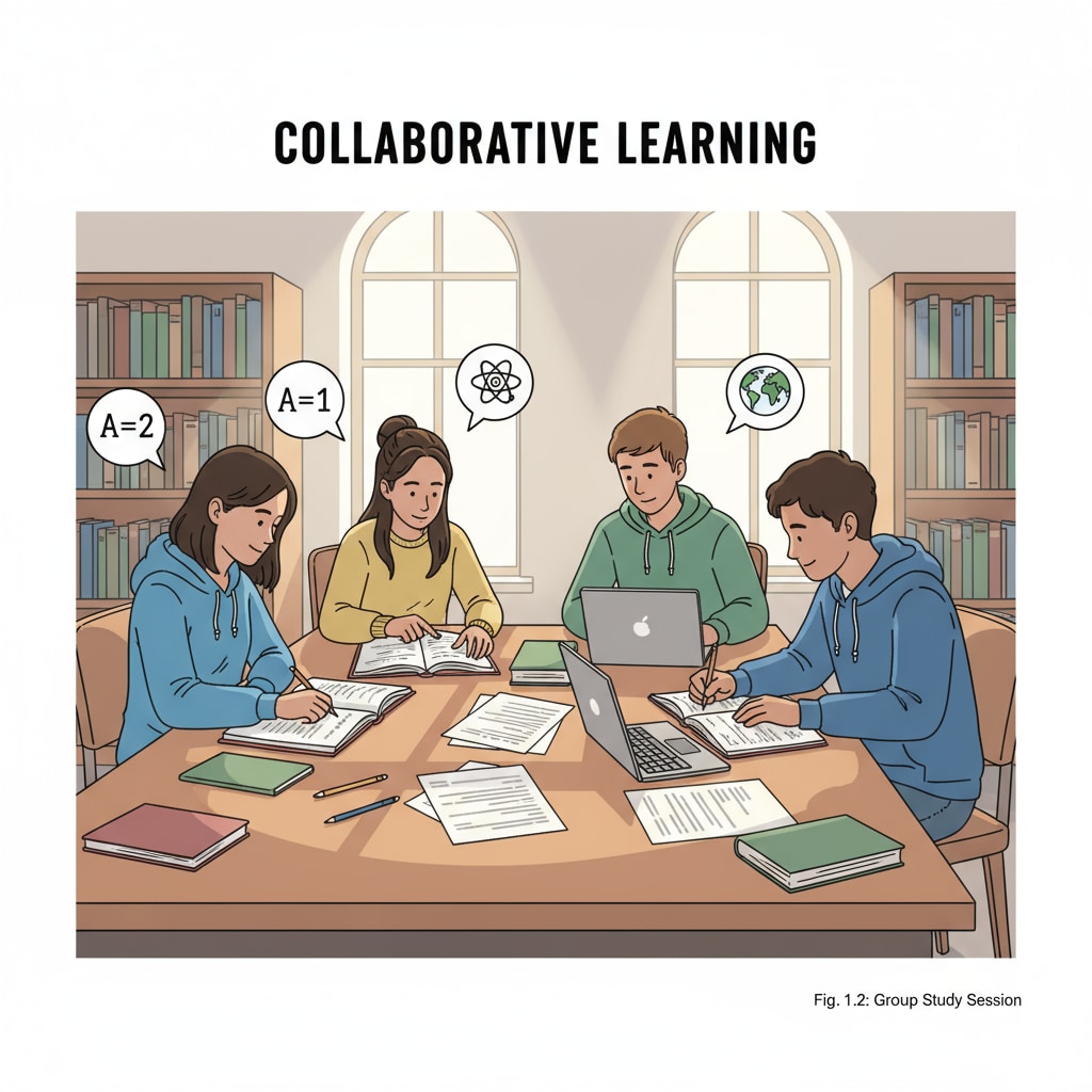 A group of high school students are sitting at a table in the library, studying books and taking notes. High school students using learning methods and academic skills in the library
