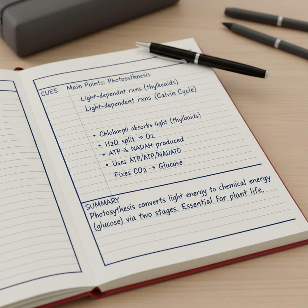 A student is writing in a notebook, following the Cornell note-taking system with clearly divided sections. A high school student demonstrating effective note-taking as an academic skill
