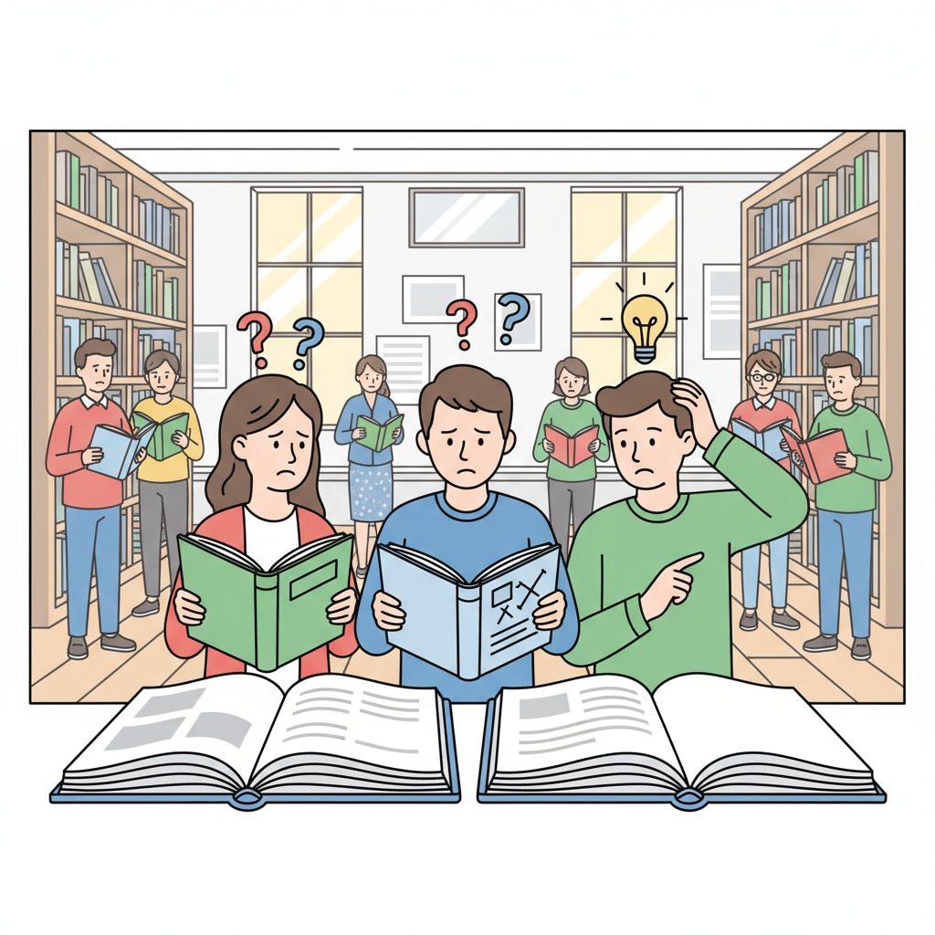 A group of people reading books, some looking a bit confused which might imply less education People with different educational levels reading books, showing signs of confusion related to education