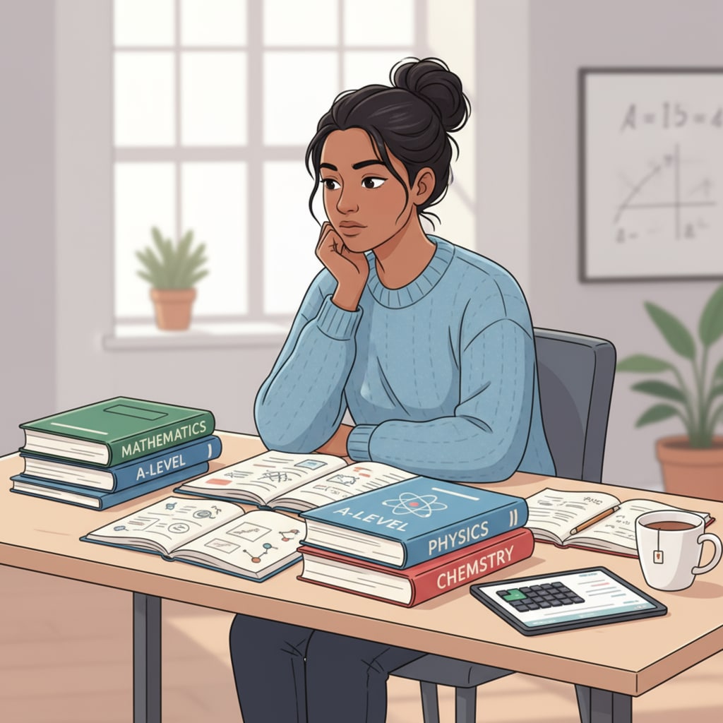 A student sitting at a desk, looking at A-level textbooks with a thoughtful expression A student considering A-level educational choices