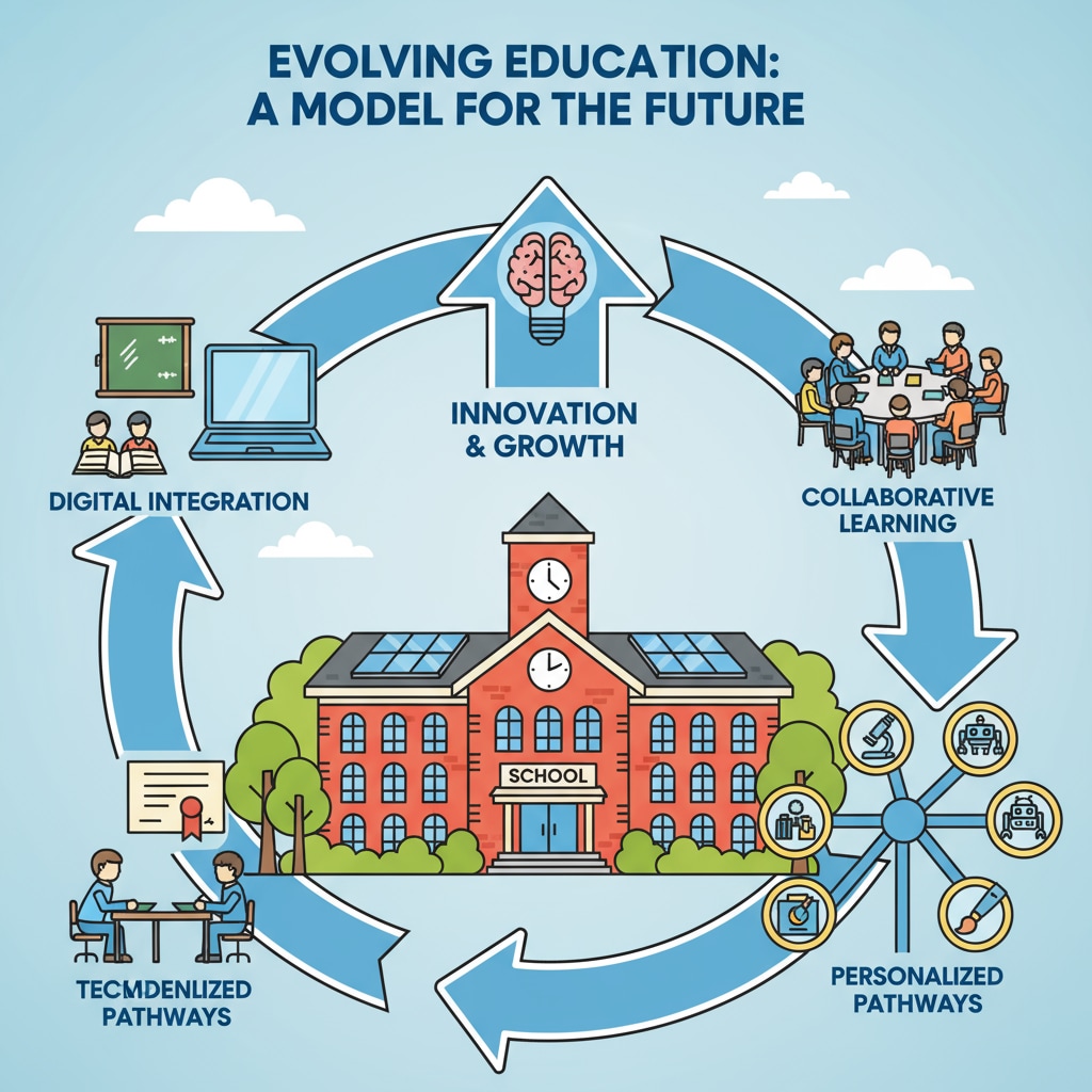 An illustration with a school building and arrows indicating educational changes. Trump administration's education reform and the Department of Education changes