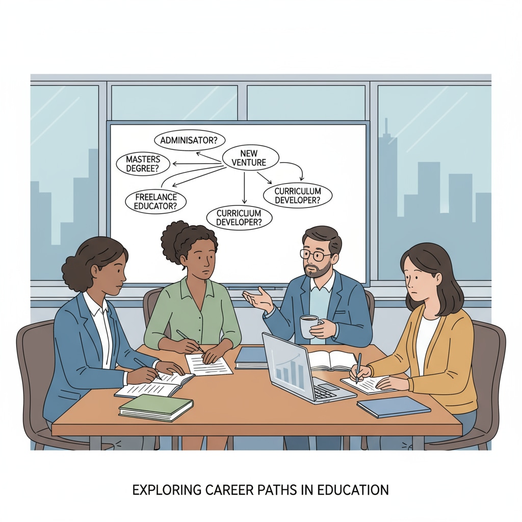 A group of teachers are sitting around a table, having a serious discussion about their future career options. Teachers discussing career transitions, professional transformation, and educational qualifications