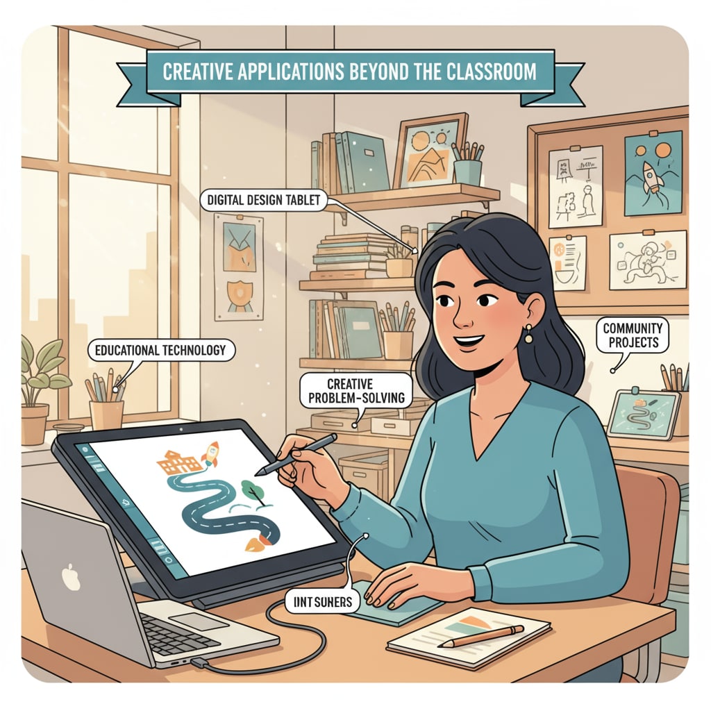 A teacher is seen using a drawing tablet, creating a digital design, demonstrating how creativity from teaching can be applied in a non-classroom context. A teacher applying skills from teaching in a non-classroom setting related to career transitions, professional transformation, and educational qualifications