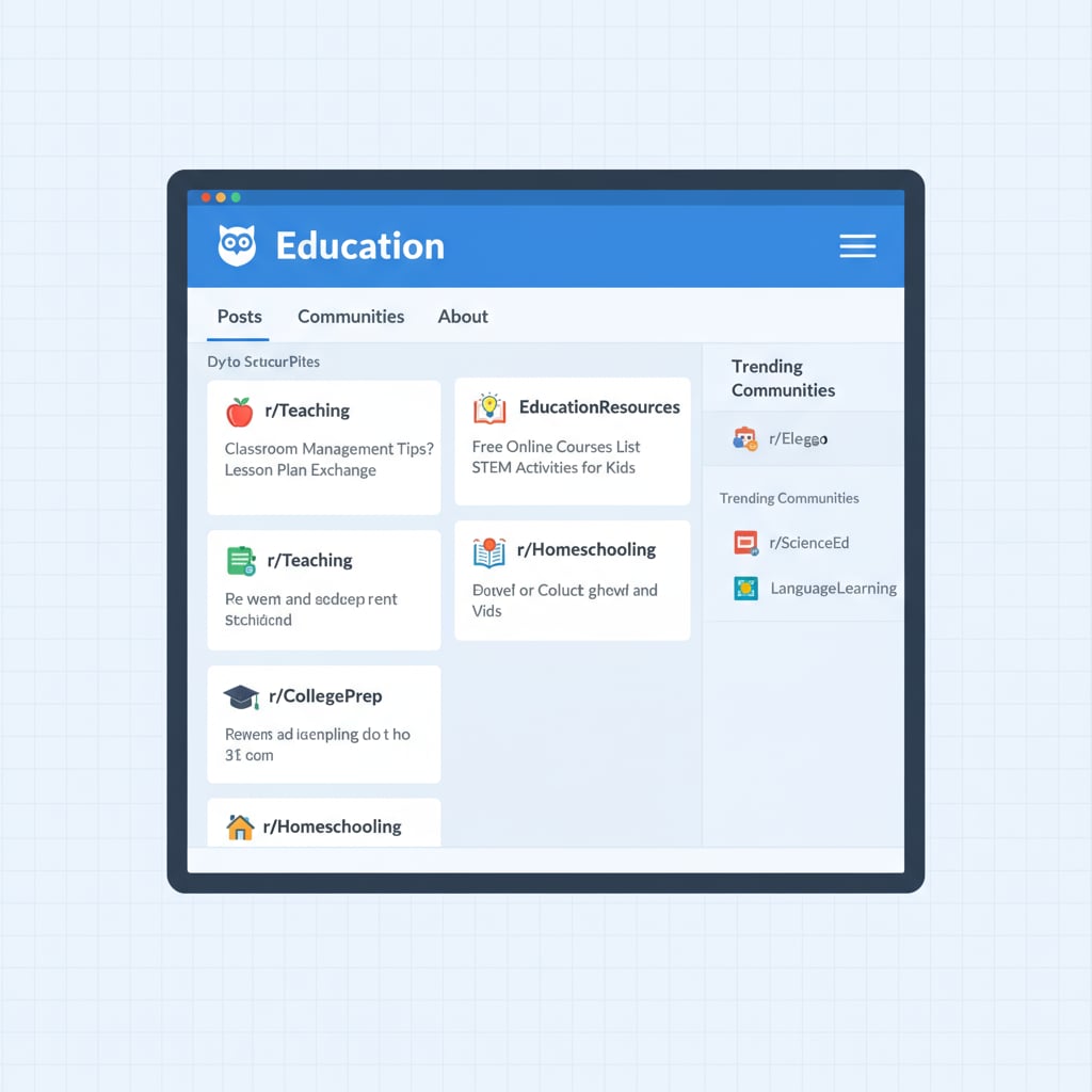 A screenshot of the main Reddit education page showing various subreddits like r/Teaching, r/EducationResources. Screenshot of Reddit education page with different subreddits related to community rules, educational networks, and subreddits