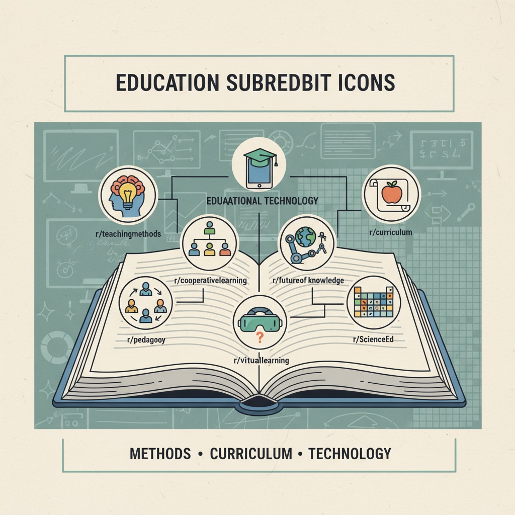 A collage of different education subreddit icons including those related to teaching methods, curriculum, and educational technology. Collage of education subreddit icons highlighting community rules, educational networks, and subreddits