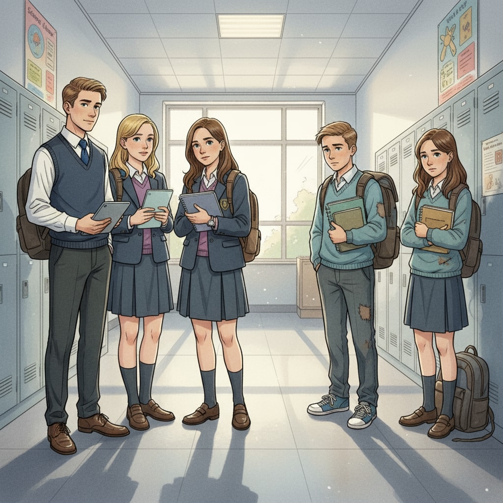 A scene of students from different social classes in a school hallway, showing the contrast in their demeanor. American education, social screening, and class differentiation among students in a school hallway