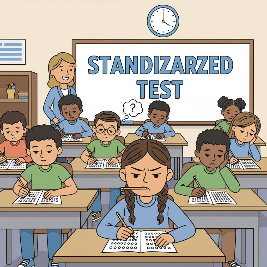 A classroom setting where students are taking a standardized test, with different expressions on their faces. American education, social screening, and class differentiation during a standardized test