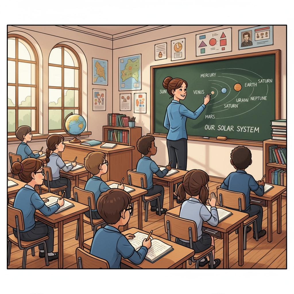 A classroom with a traditional blackboard where a teacher is writing and students are attentively taking notes. Traditional teaching method in a classroom setting related to teaching methods, technology, and learning outcomes