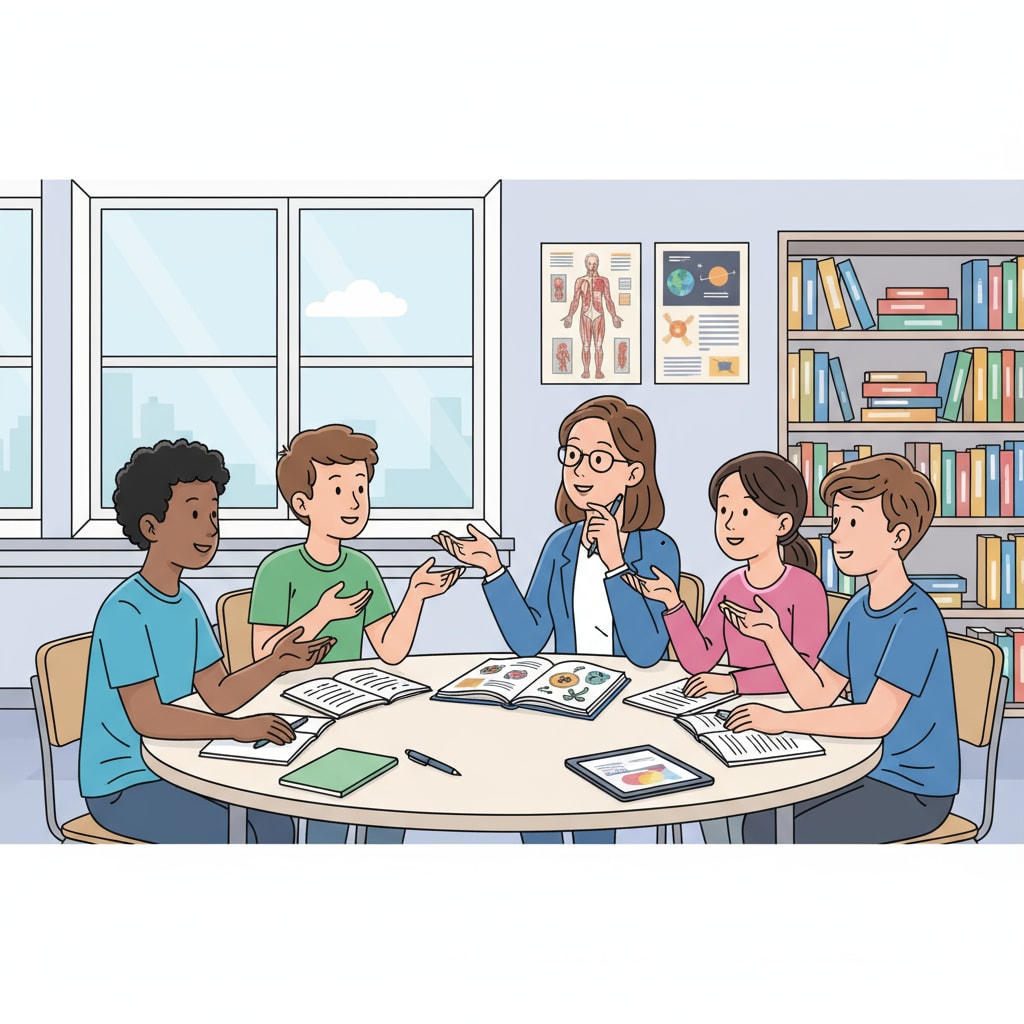 A group of students gathered around a table, actively participating in a discussion led by their teacher. Face-to-face interaction in a modern classroom setting for teaching methods, technology, and learning outcomes