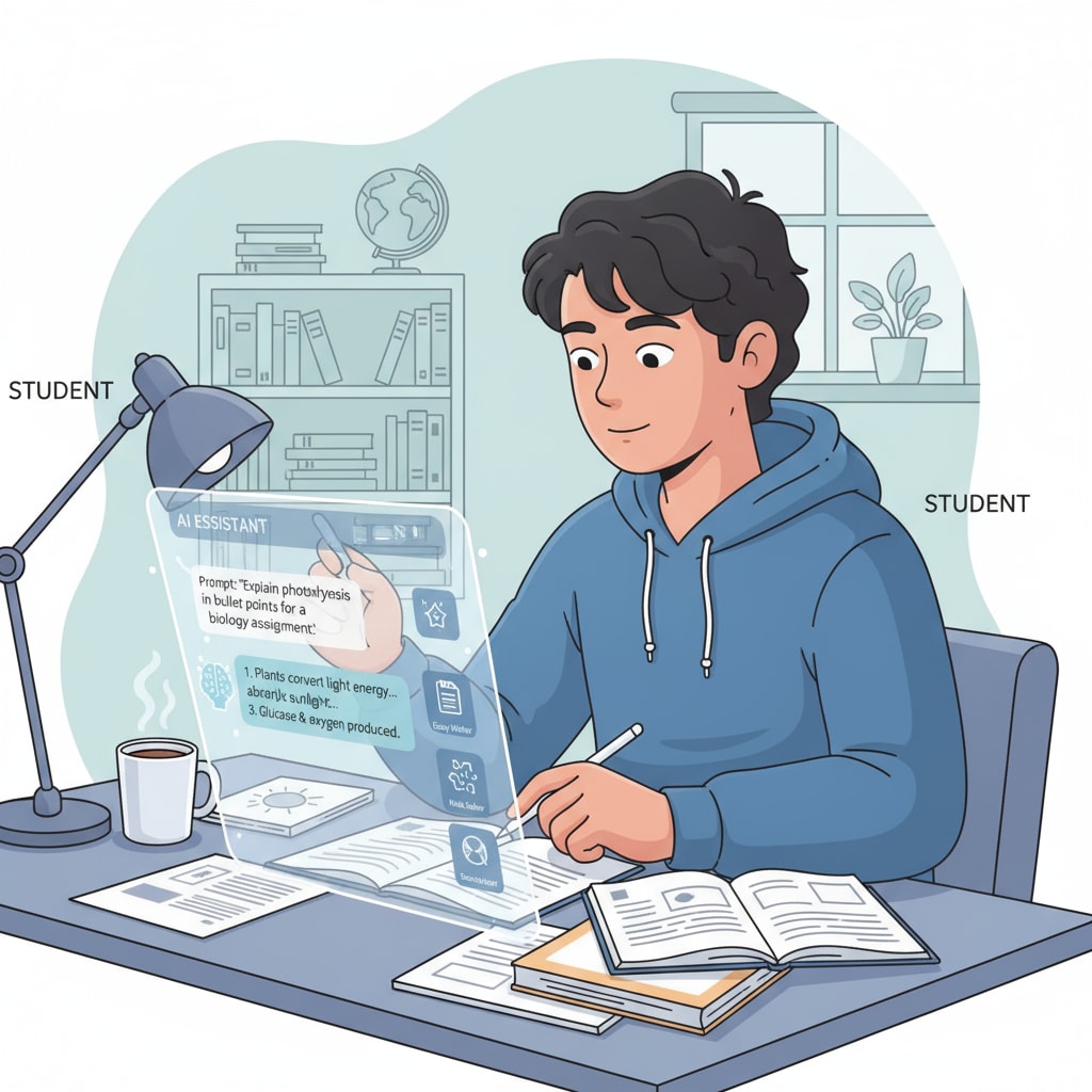 An illustration showing a student using an AI tool to complete homework, with the AI interface displayed and the student looking at the screen intently. A student using an AI tool for homework in the context of AI, grade inflation, and homework