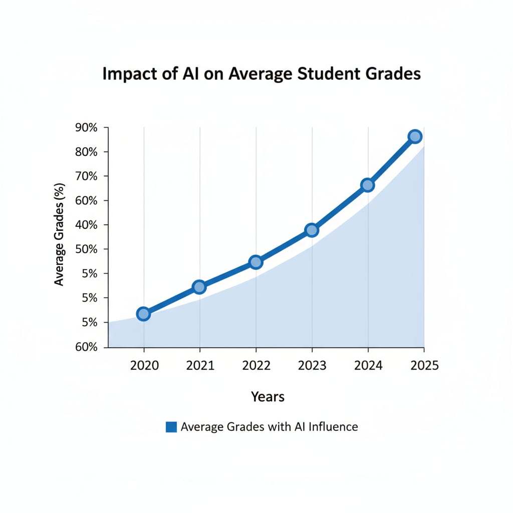 A graph depicting the increase in average grades over time due to AI influence, with years on the x-axis and average grades on the y-axis, showing an upward trend. Graph showing grade inflation due to AI in relation to AI, grade inflation, and homework