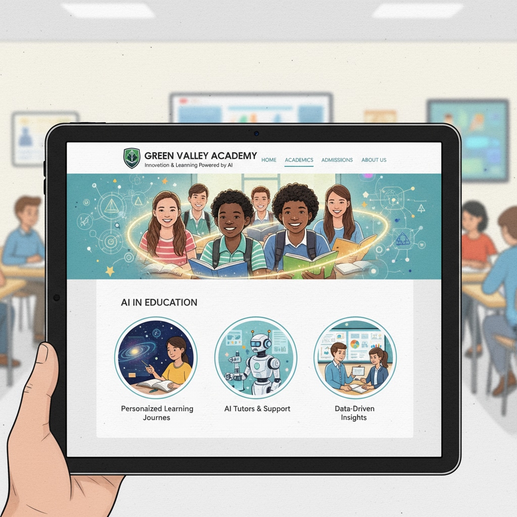 An illustration showing a high school website with AI-generated images in the background, representing the integration of technology in the educational context High school website with AI-generated images in an educational context