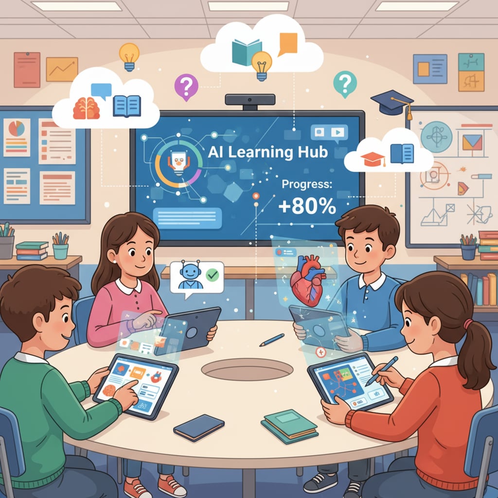 Students are using tablets with educational apps powered by artificial intelligence in a classroom setting, showing the application of AI in learning. Students using AI-based learning tools in a classroom
