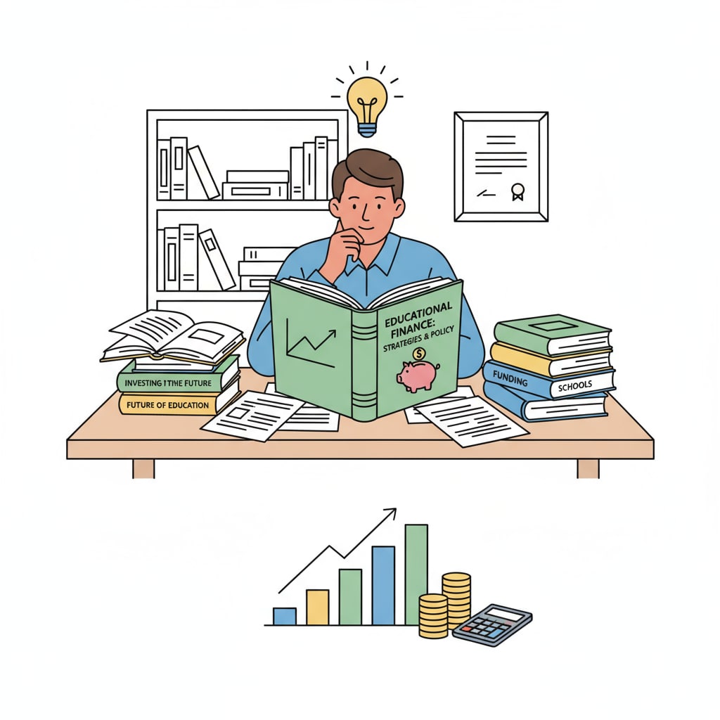A person is sitting at a desk, reading books related to educational finance. A newbie school auditor building knowledge of educational finance.