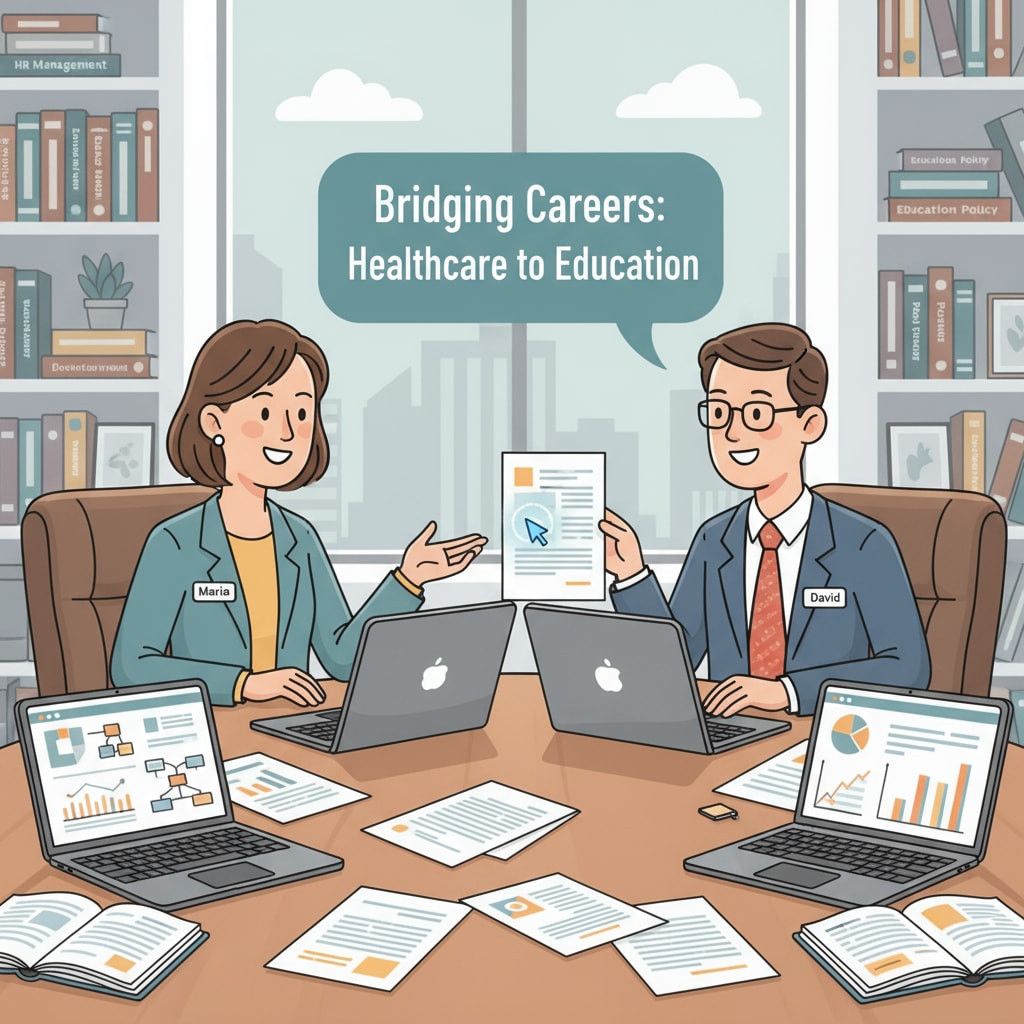 A scene shows a healthcare HR professional and a school district HR director having a conversation about the career transition process, with papers and laptops on the table. Healthcare HR professional and school district HR director discussing career transition