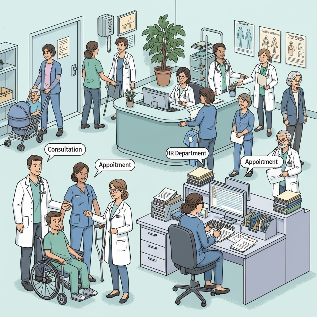 A busy healthcare facility with doctors, nurses, and patients moving around, and in the background, an HR staff member is handling paperwork. A busy healthcare facility with HR activities in the background