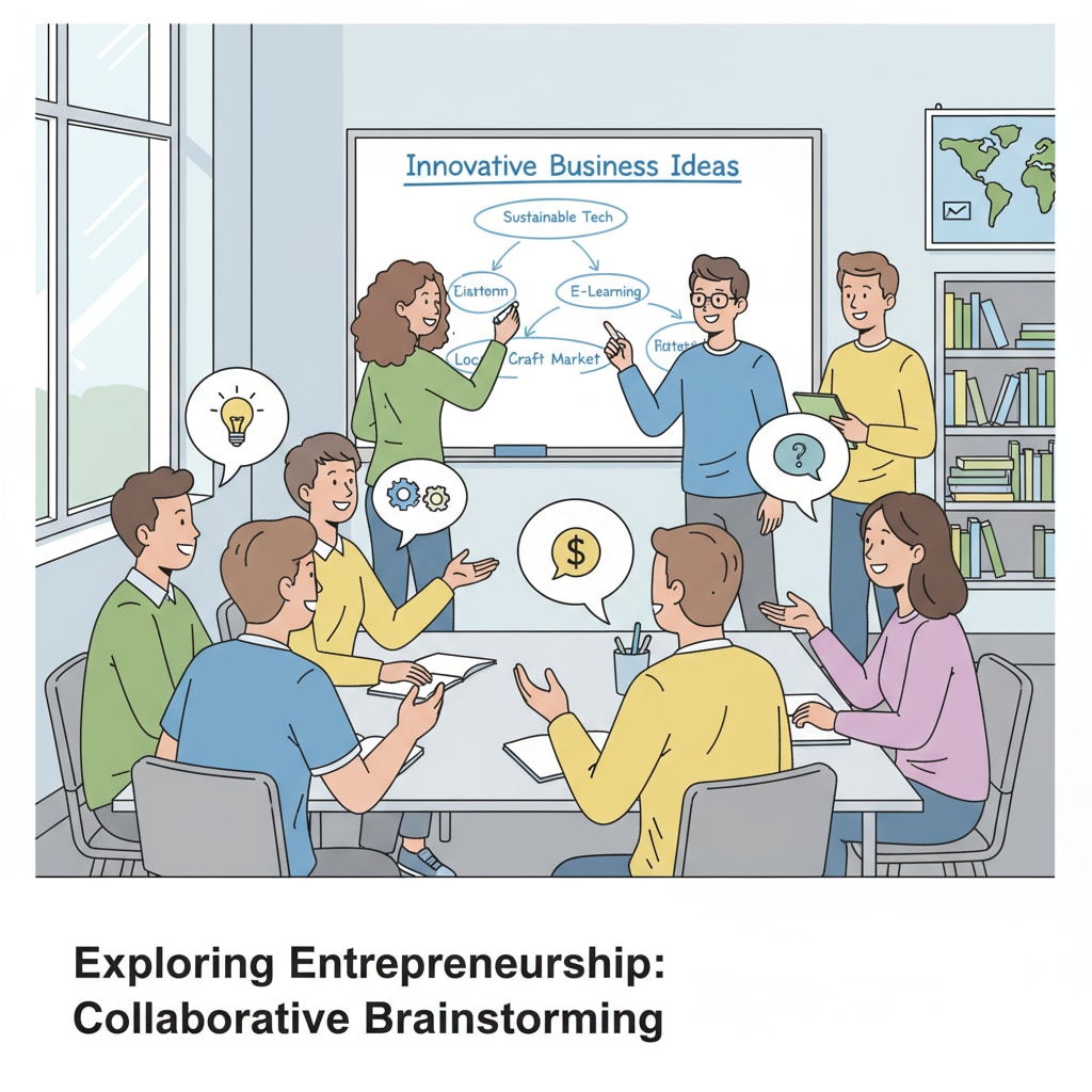 A group of students are engaged in a lively discussion about business ideas in a classroom setting, with some writing on a whiteboard. Students discussing business ideas in a classroom, related to business education, career planning, and higher learning