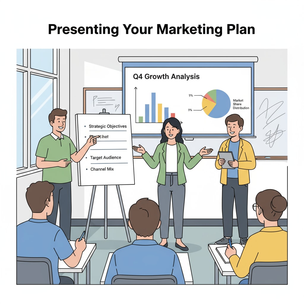 Students are presenting a well-prepared marketing plan, with visual aids and confident body language. Students presenting a marketing plan, relevant to business education, career planning, and higher learning