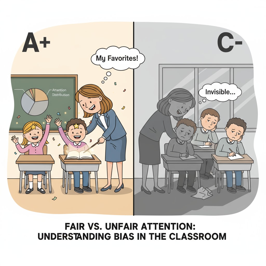 A classroom scene where a teacher seems to be treating some students differently, with some students getting more attention and others being ignored. A classroom scene depicting teacher bias and student labeling