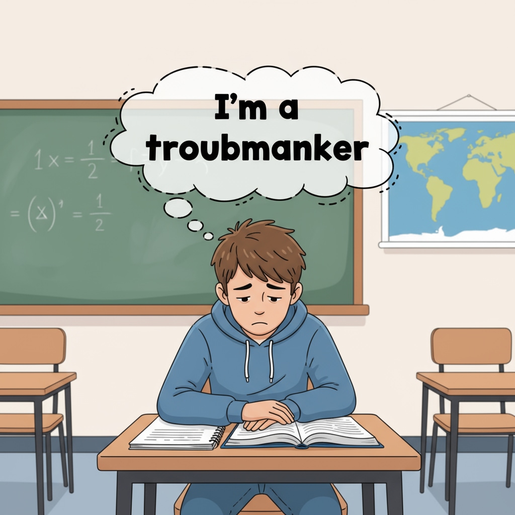 A student looking downcast with a thought bubble that says 'I'm a troublemaker', showing the impact of student labeling. A student affected by the negative label of being a troublemaker