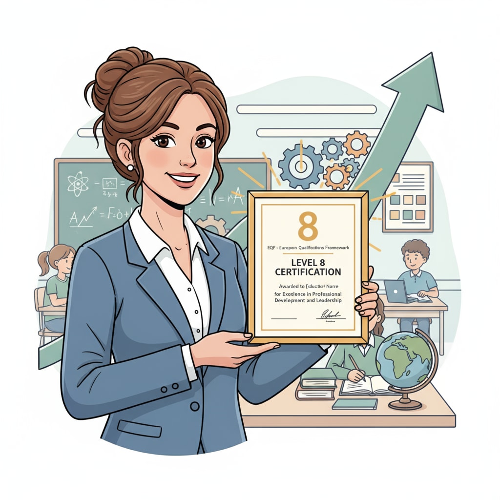 An illustration showing a K12 educator holding an EQF 8 certificate, symbolizing professional growth and recognition K12 educator with EQF 8 certificate representing professional growth in online education and qualification certification