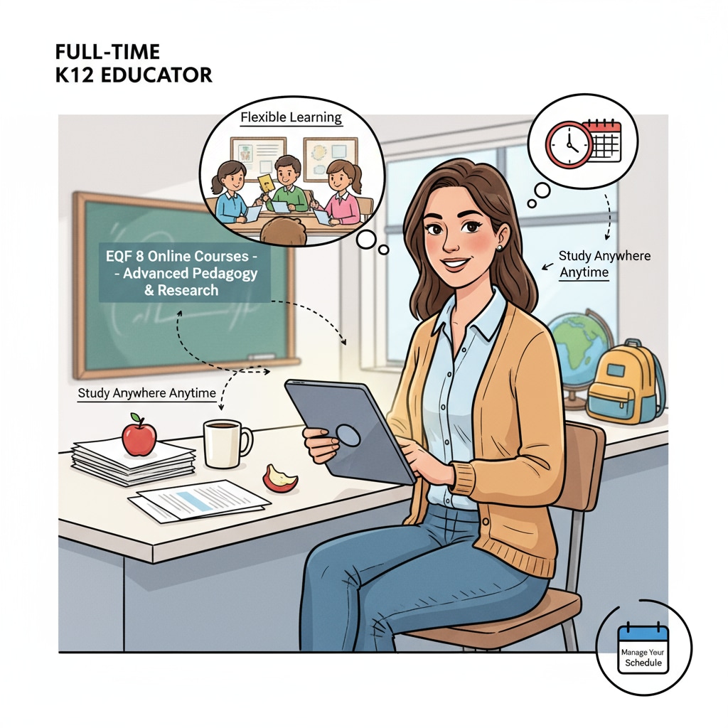 A graphic depicting a full-time K12 educator studying EQF 8 courses online, highlighting the flexibility of online learning Full-time K12 educator studying EQF 8 online for qualification certification in online education