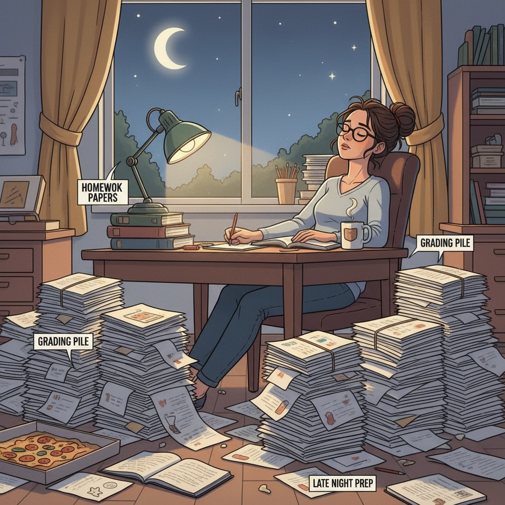 A teacher sitting at a desk late at night, surrounded by stacks of papers to grade, looking exhausted. K12 teacher with extra workload and no salary increase