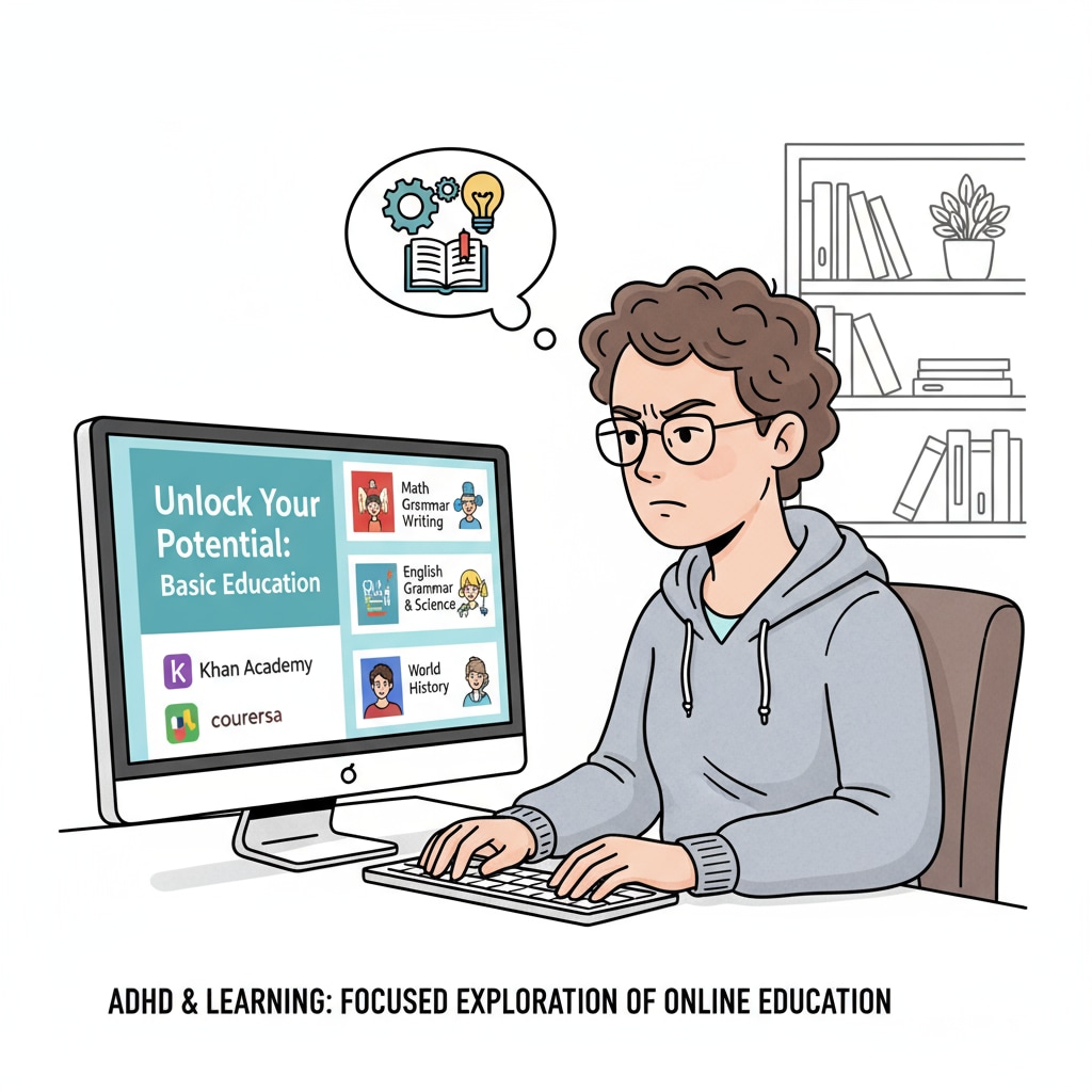 An ADHD adult is shown sitting in front of a computer, with a focused expression while browsing through various online learning platforms dedicated to basic education. The screen displays different course options. ADHD adult exploring online learning resources for basic education