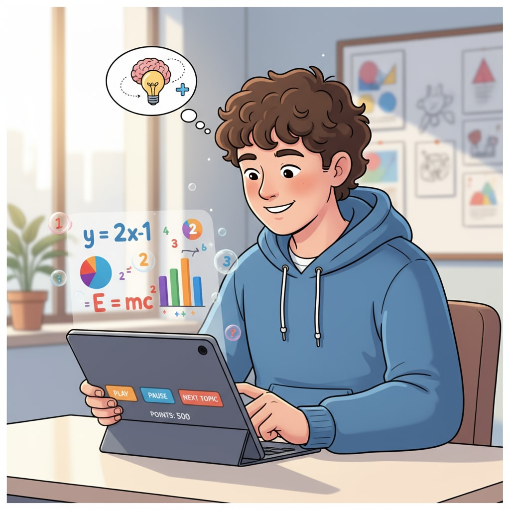 A person with ADHD is depicted smiling while learning basic math concepts on an interactive online course. The screen shows colorful graphs and equations, indicating an engaging learning experience. ADHD person learning basic education content through an online course