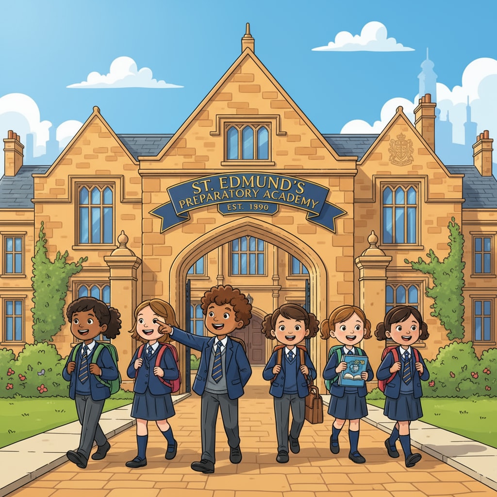 A group of children smiling while entering a prestigious private primary school in the UK, representing the exciting opportunity that private primary education offers. Children entering a UK private primary school related to private schools, scholarships, and British education