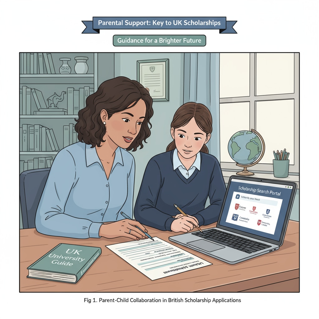 A parent helping a child fill out a scholarship application form, highlighting the involvement of parents in the scholarship application process in British education. Parent and child filling out scholarship form in the context of private schools, scholarships, and British education
