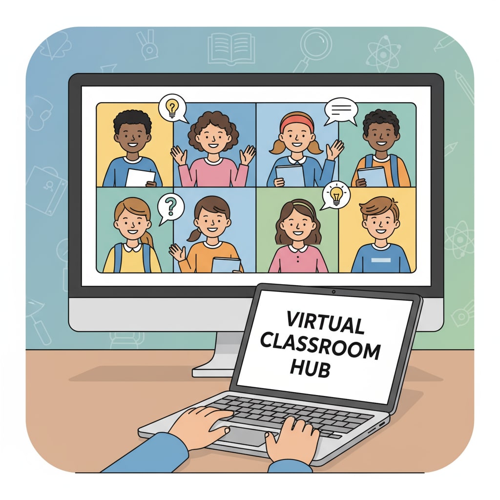 A scene of students in a virtual classroom, with their faces visible on screens, actively participating in discussions and learning activities. Students engaged in digital learning during the post-pandemic era in secondary education
