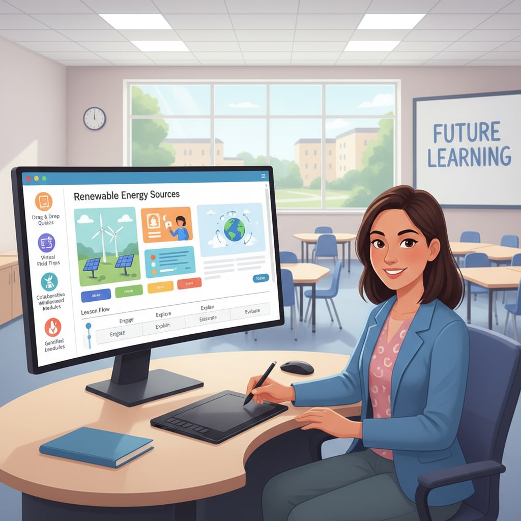 A teacher sitting in front of a computer, using digital software to design creative and interactive lessons for secondary school students in the post-pandemic time. Teacher using digital tools for post-pandemic secondary education lesson design