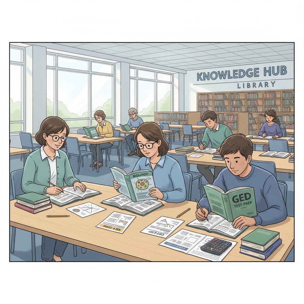 Students are sitting at tables in a library, looking at books and papers related to GED math and science. Students studying GED math and science resources in a library